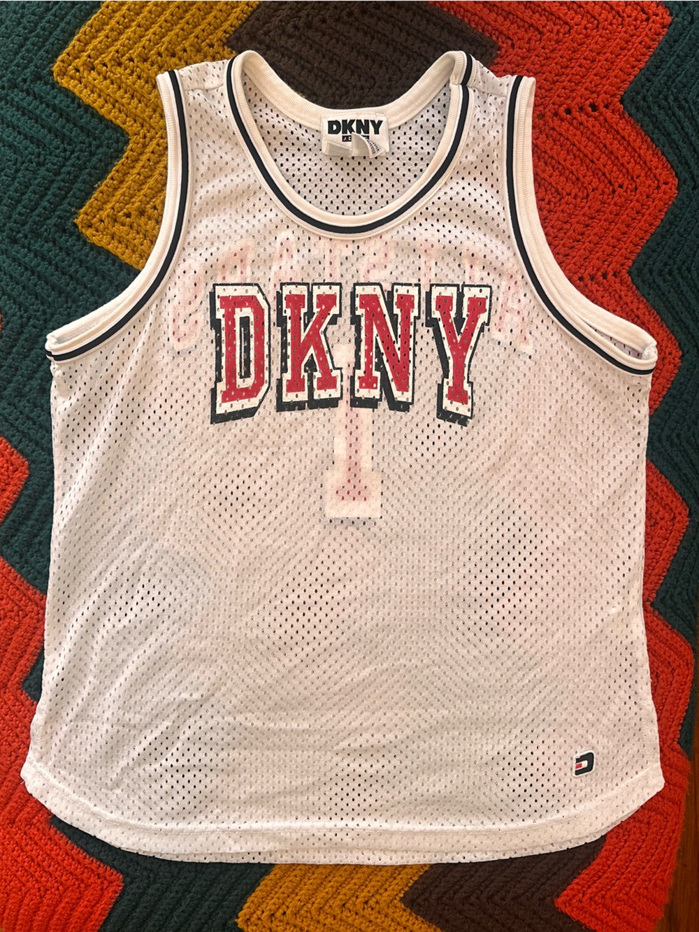 DKNY White Mesh Tank with Red and Black Logo Trim